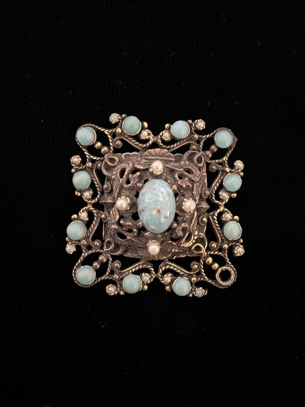 Vintage Faux Turquoise and Pearl Filigree Pin